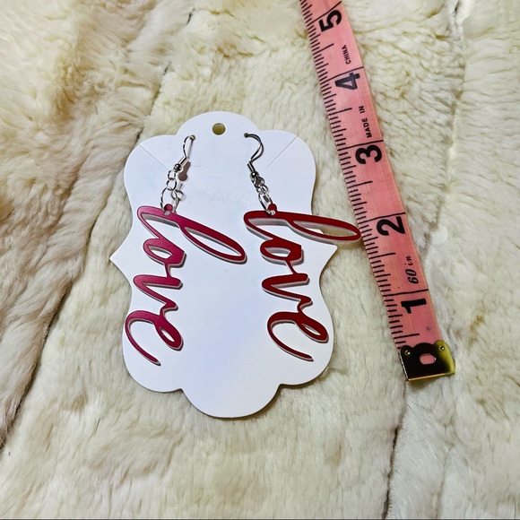 LOVE Script Cursive Valentine’s Day Laser Engraved Dangle Pierced Earrings - Picture 3 of 4